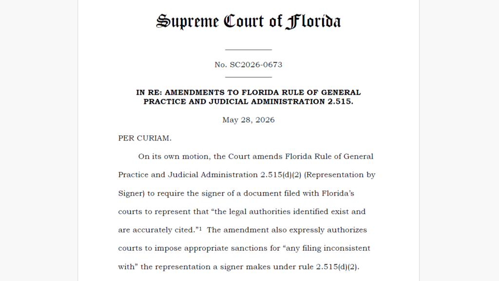 Florida Supreme Court Tackles AI Hallucinations with New Rule Applicable to All State Courts